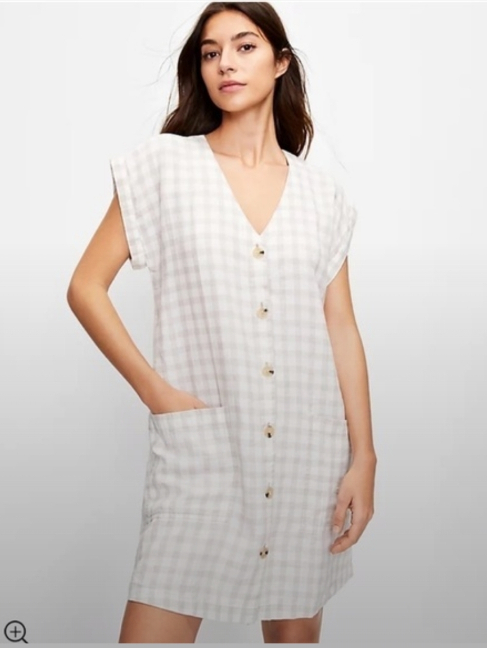 Lou & Grey Gingham Linen Shift Dress Cap Sleeves Casual Summer Cream Brown Small